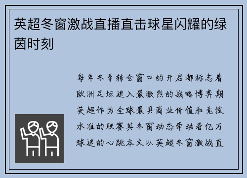 英超冬窗激战直播直击球星闪耀的绿茵时刻